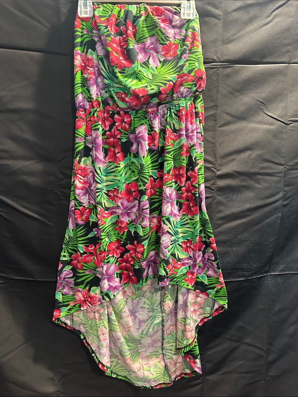 Floral High-Low Mini dress in Black with Pink & Green Floral Print